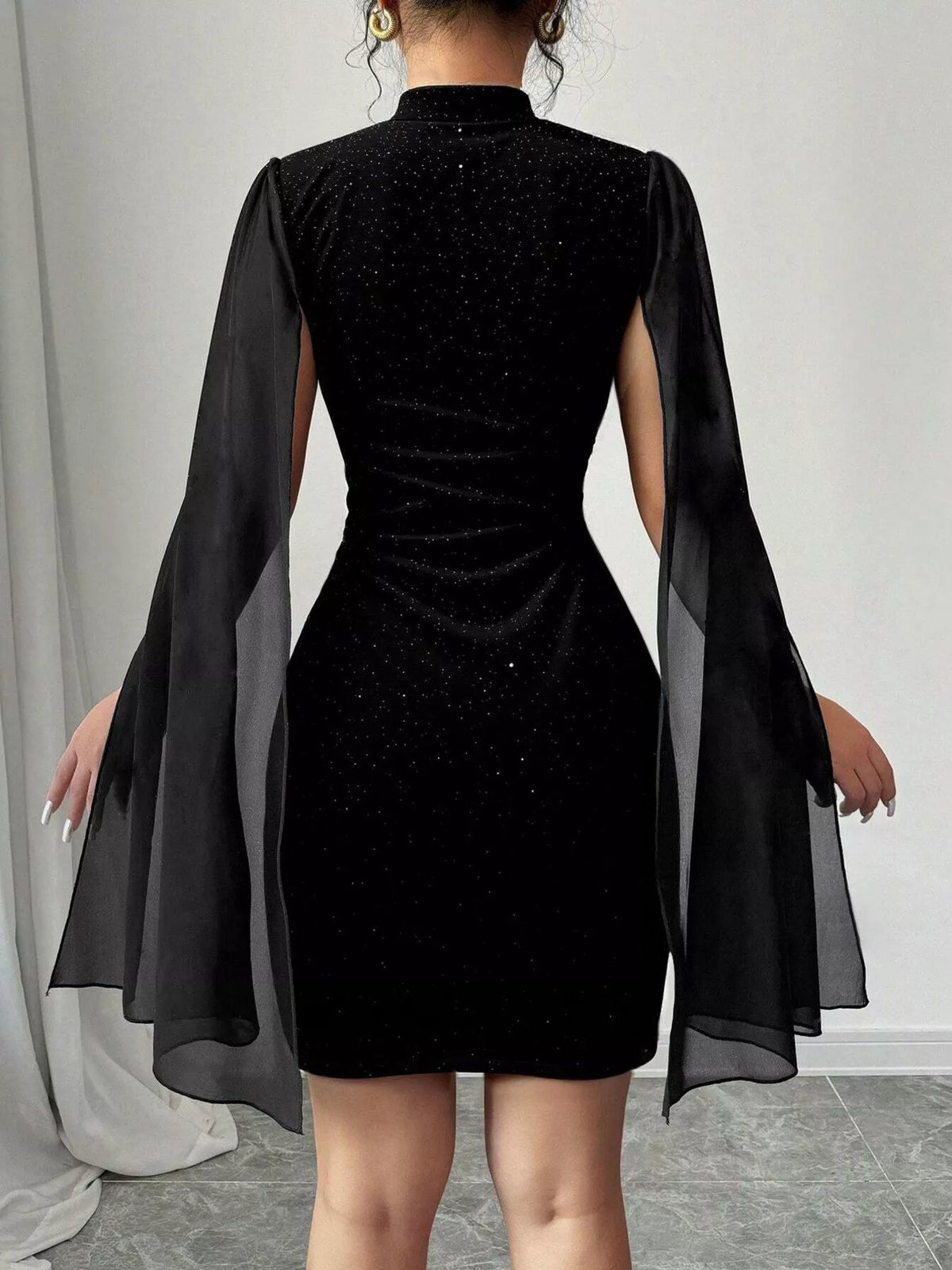 Glitter Mesh Slit Sleeve Bodycon Mini Dress - Lilixa.store