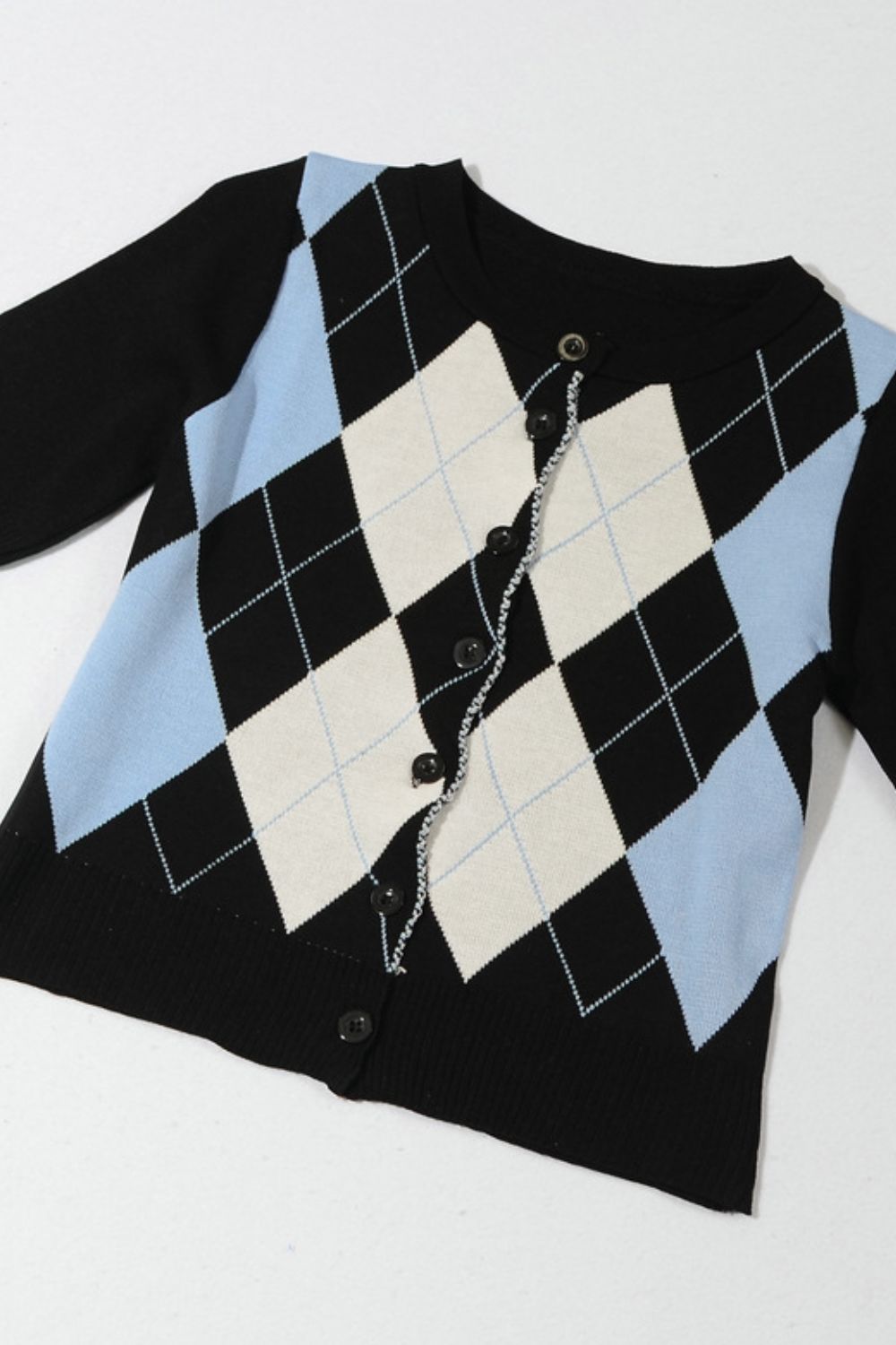 Argyle Round Neck Ribbed Trim Cardigan - Lilixa.store