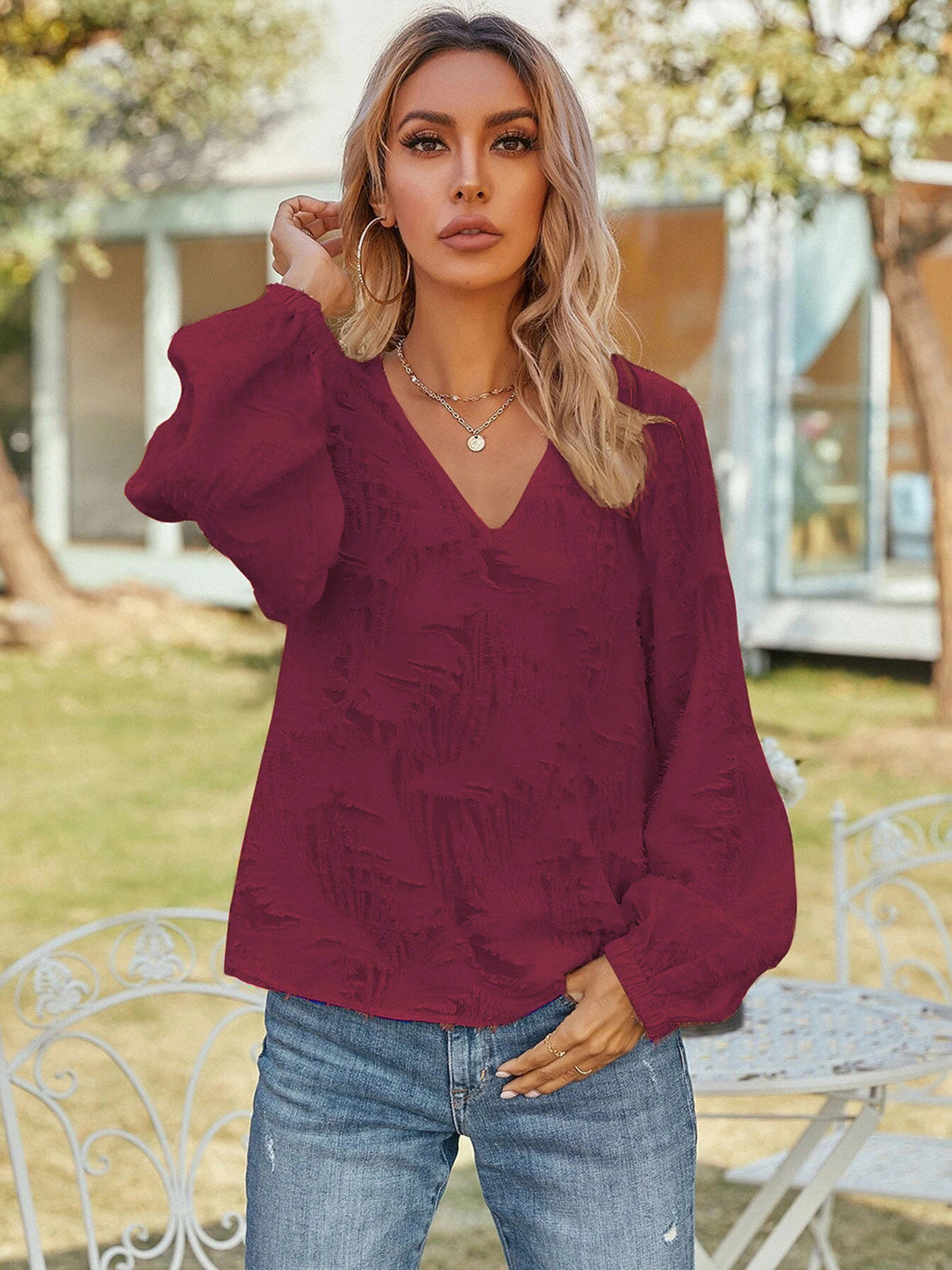 V-Neck Long Sleeve Blouse in Burgundy