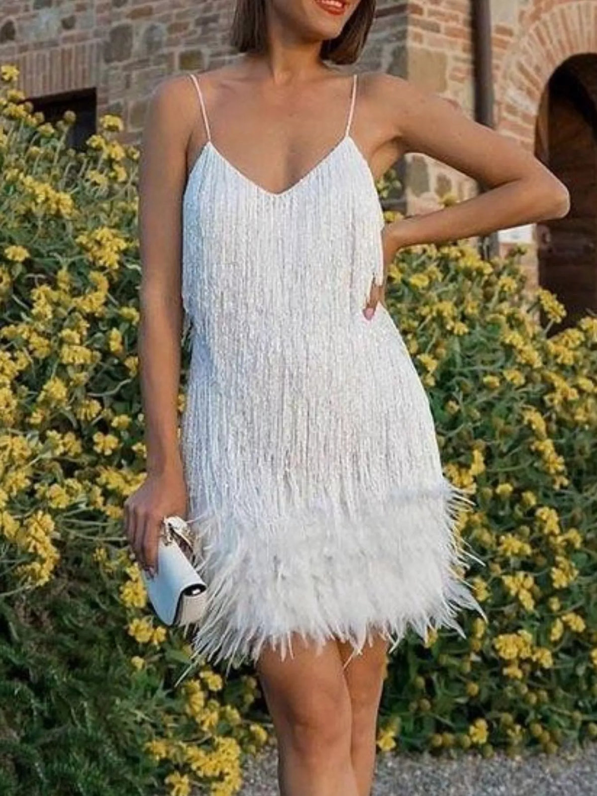 Full Size Sequin and Feather Fringe Mini Dress Plus Size - Lilixa.store
