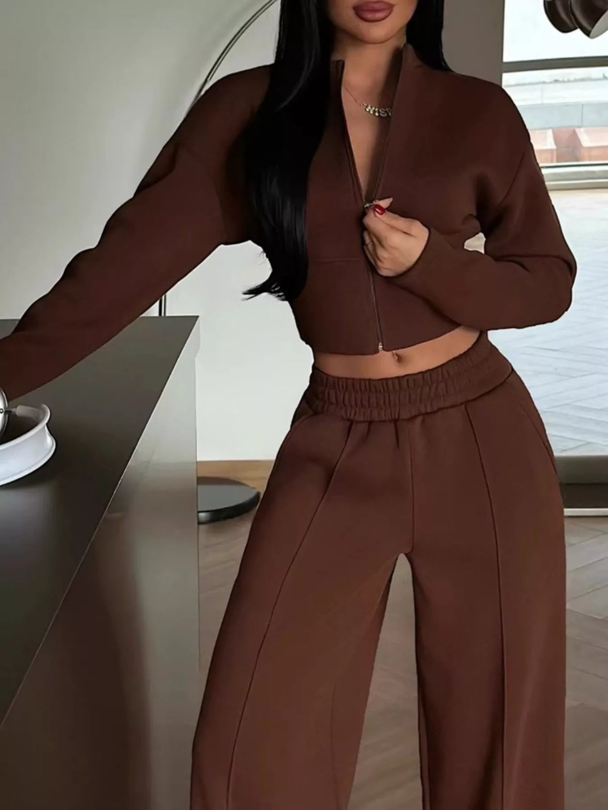 Zip-Up Crop Jacket and Wide-Leg Pants Set - Lilixa.store