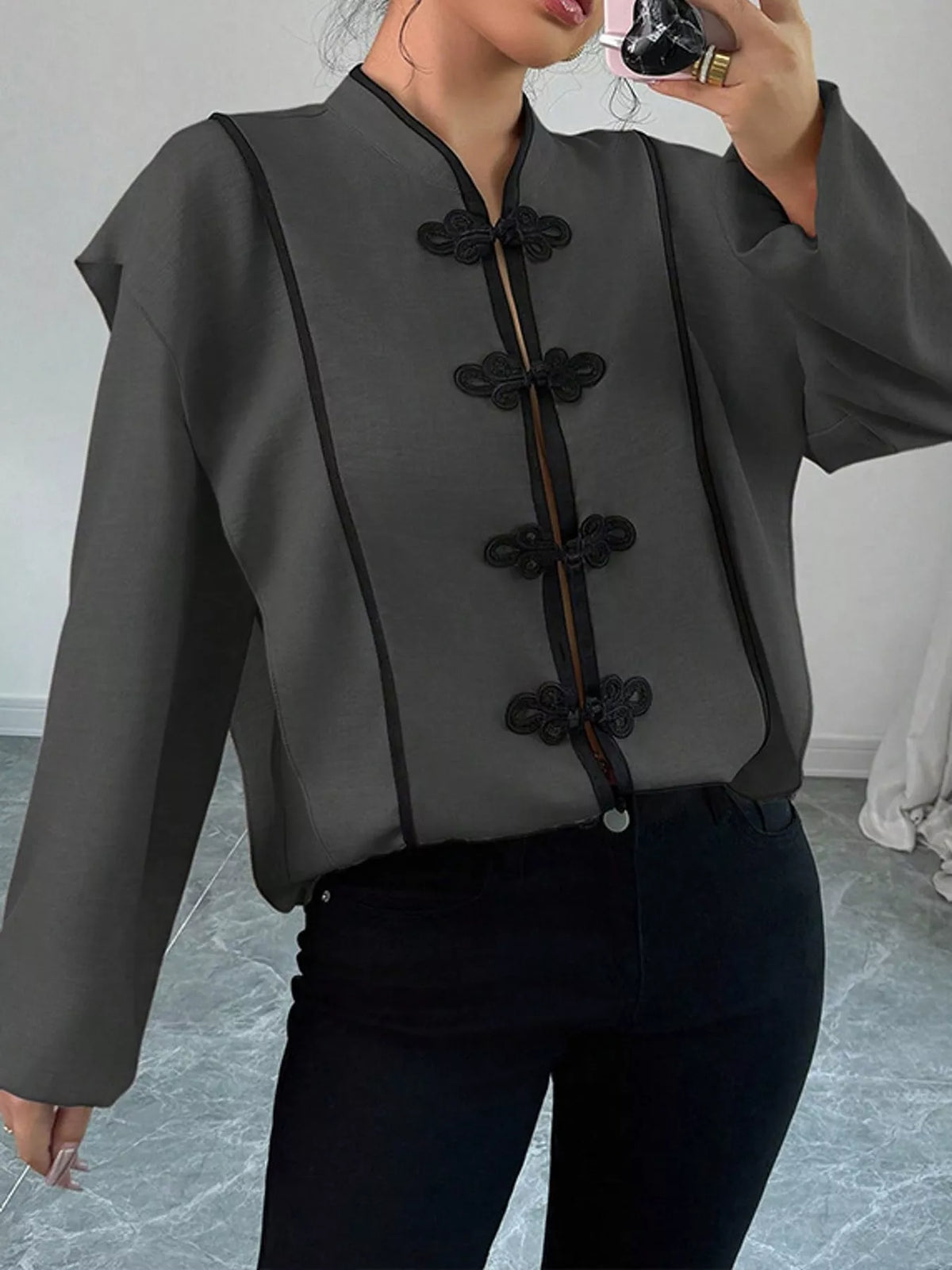 Chinese-Style Mandarin Collar Blouse in Dark Gray
