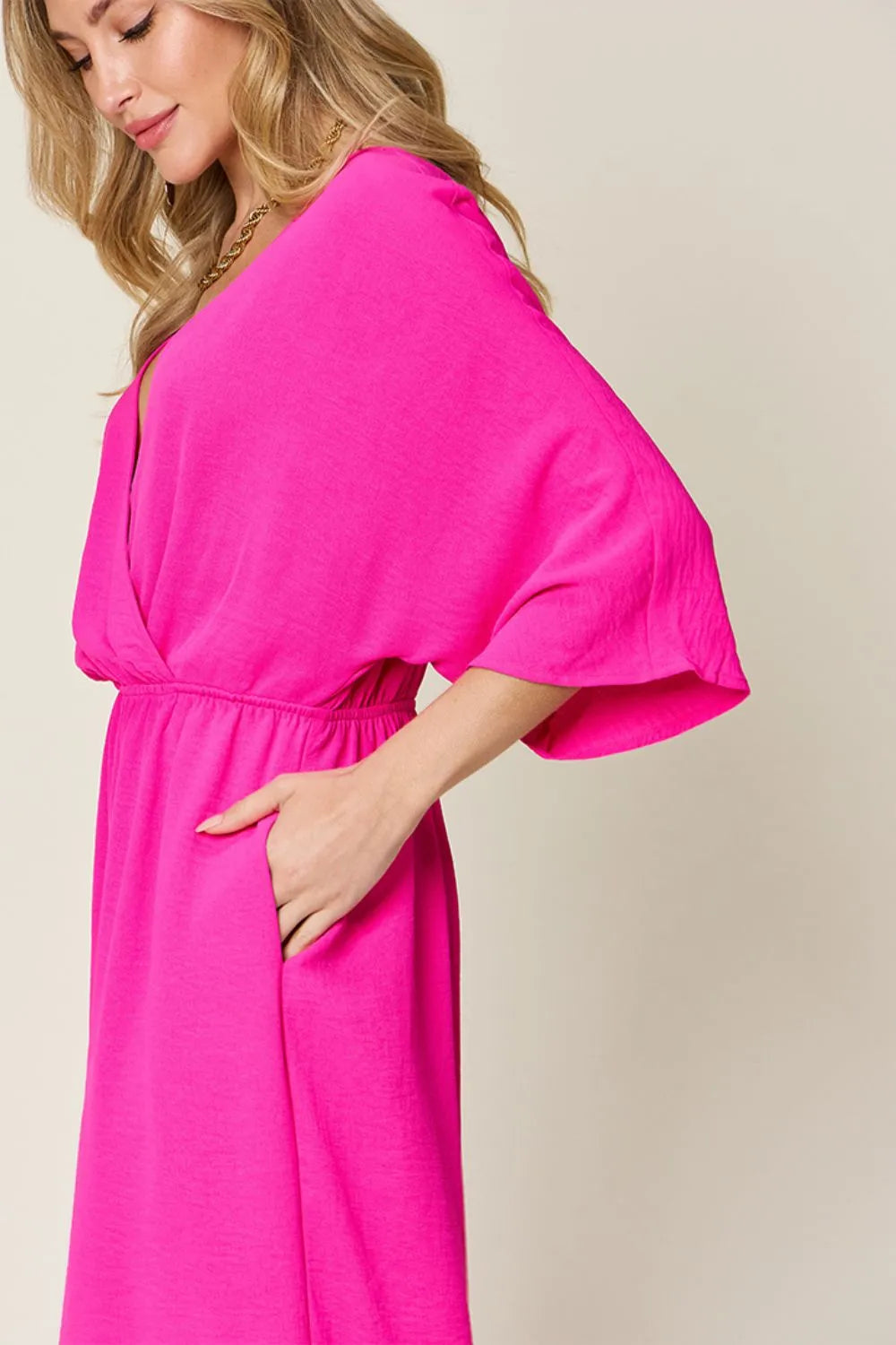 Double Take Full Size Surplice Wide Leg Jumpsuit with Pockets - Lilixa.store