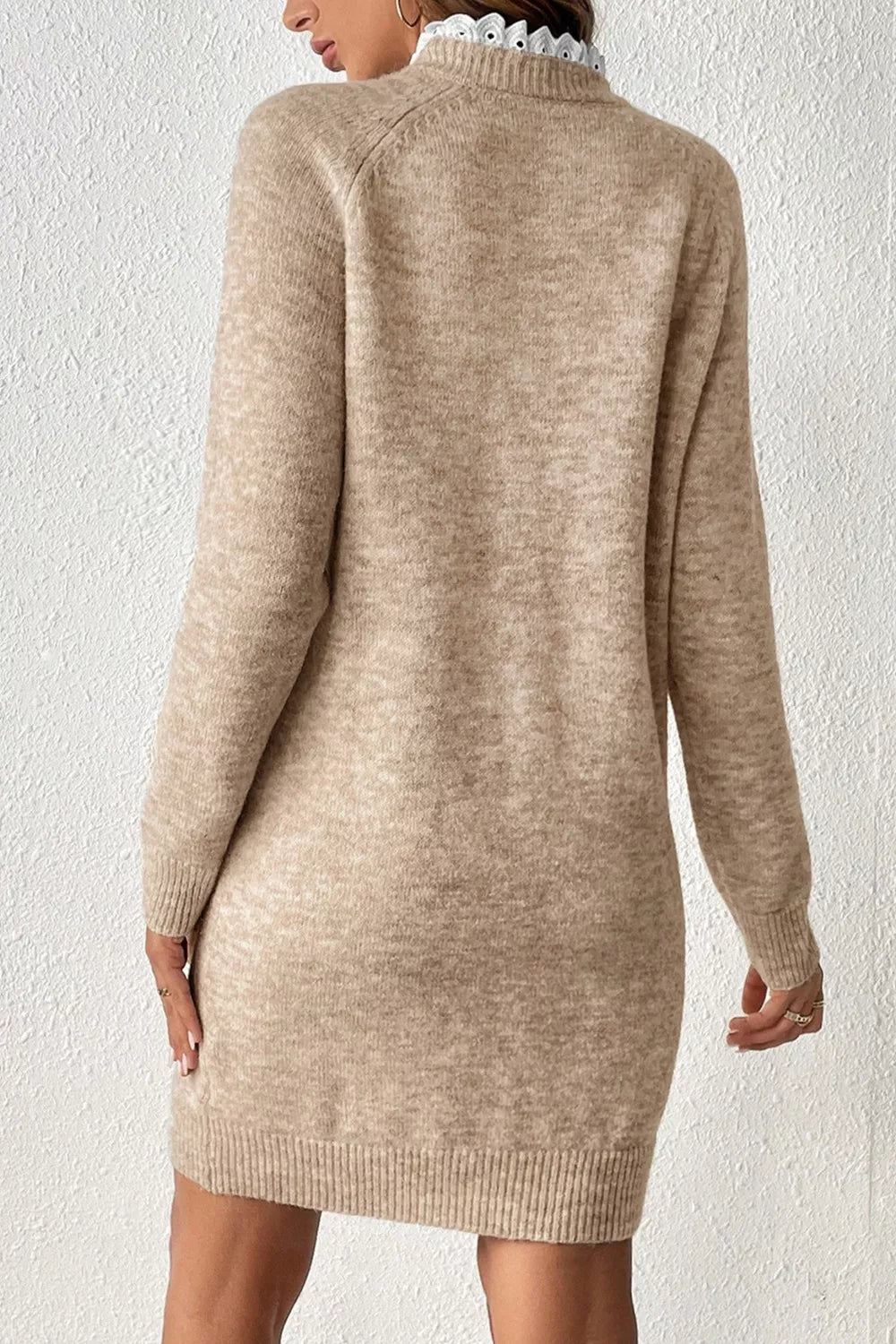 Ribbed Hem Raglan Sleeve Sweater Dress in Tan, view 2