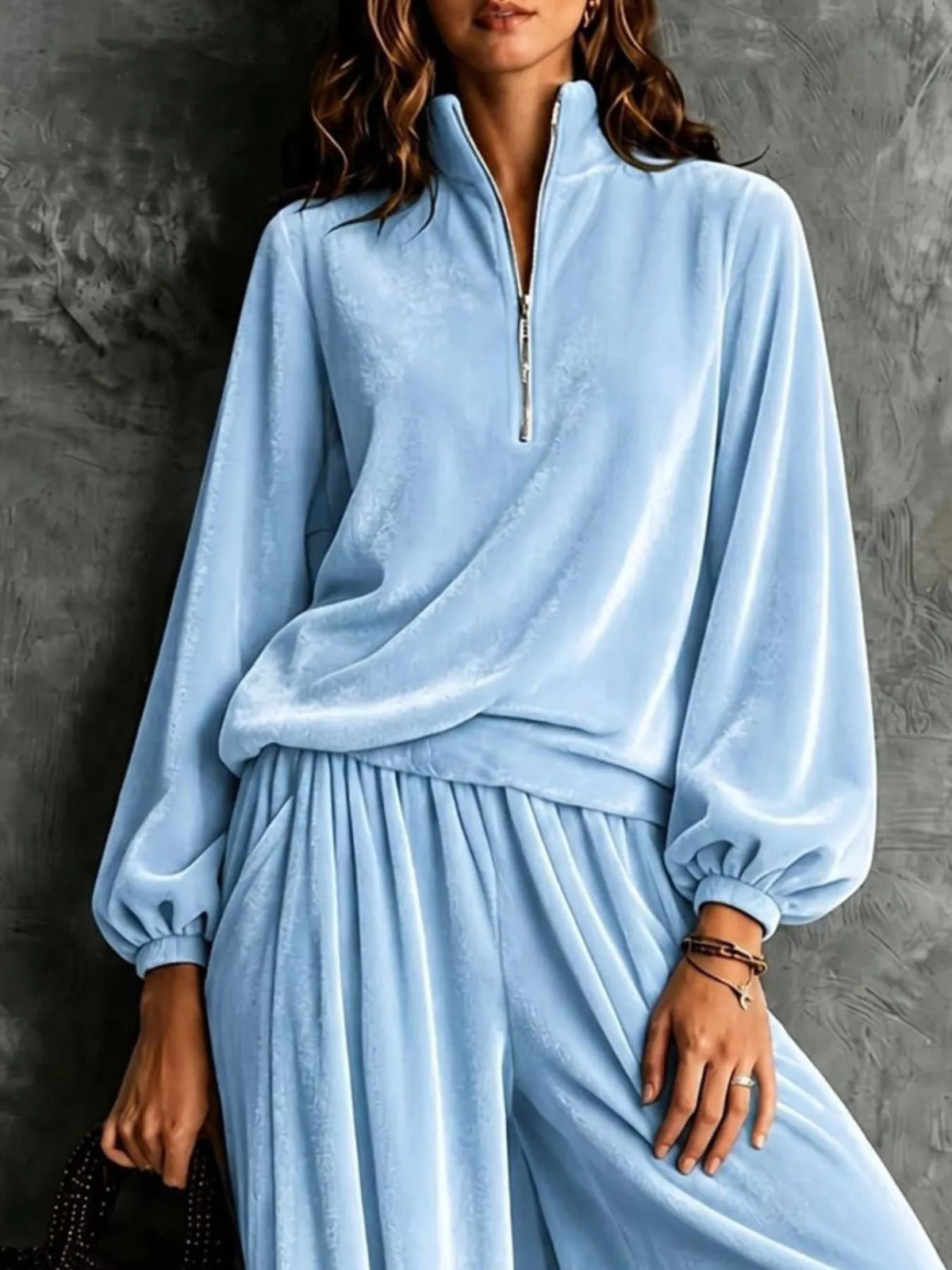 Quarter-Zip Sweatshirt and Wide-Leg Pants in Light Blue
