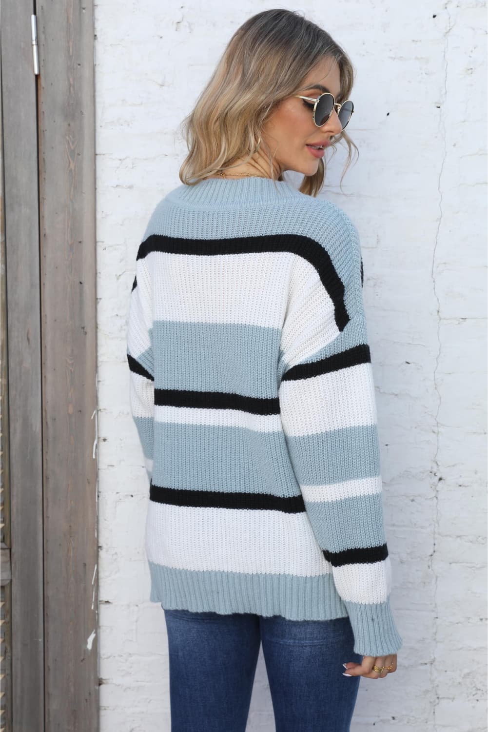 Color Block V-Neck Dropped Shoulder Sweater, view 14