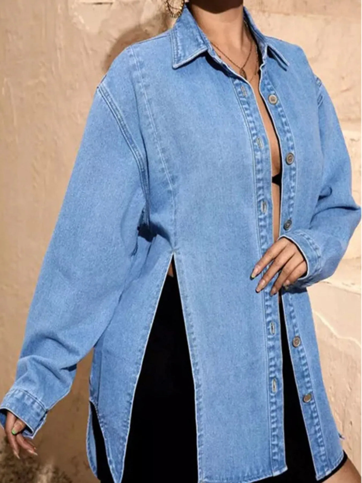 Slit Button Up Denim Shirt - Lilixa.store