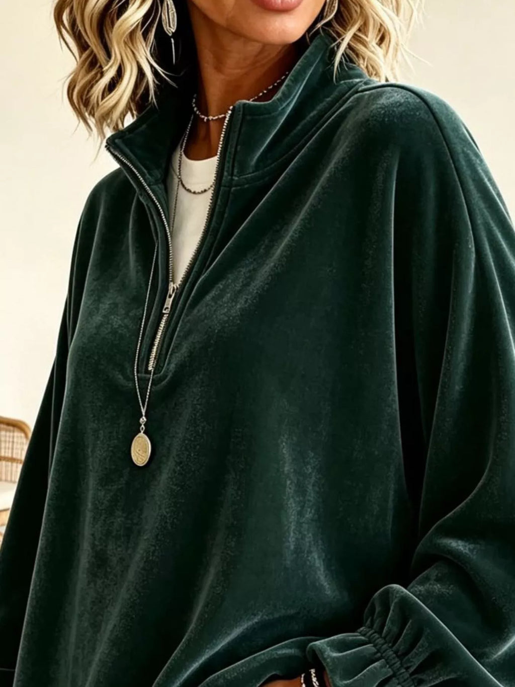 Velvet Quarter-Zip Sweatshirt with Ruffled Cuffs - Lilixa.store