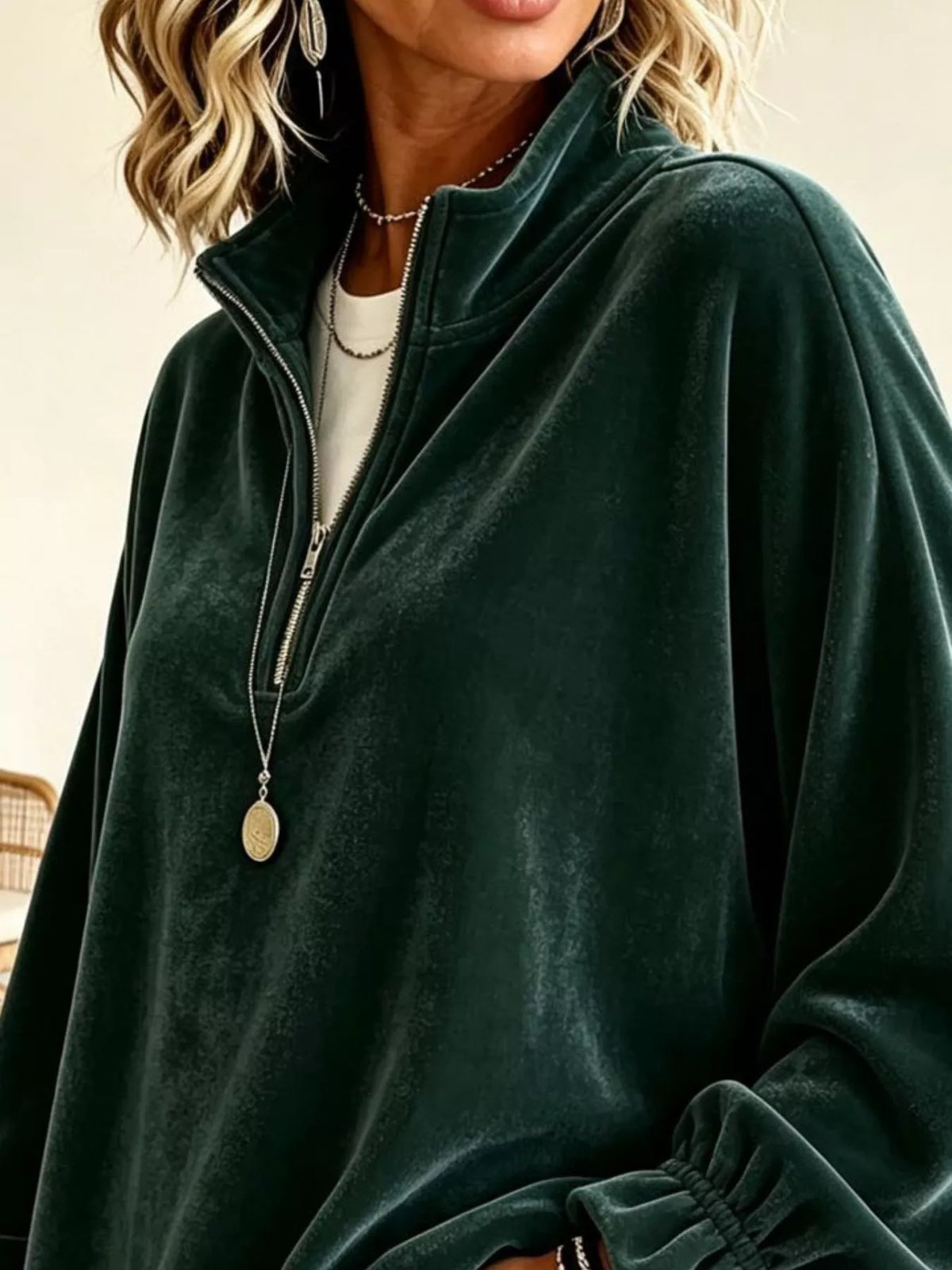 Velvet Quarter-Zip Sweatshirt with Ruffled Cuffs - Lilixa.store