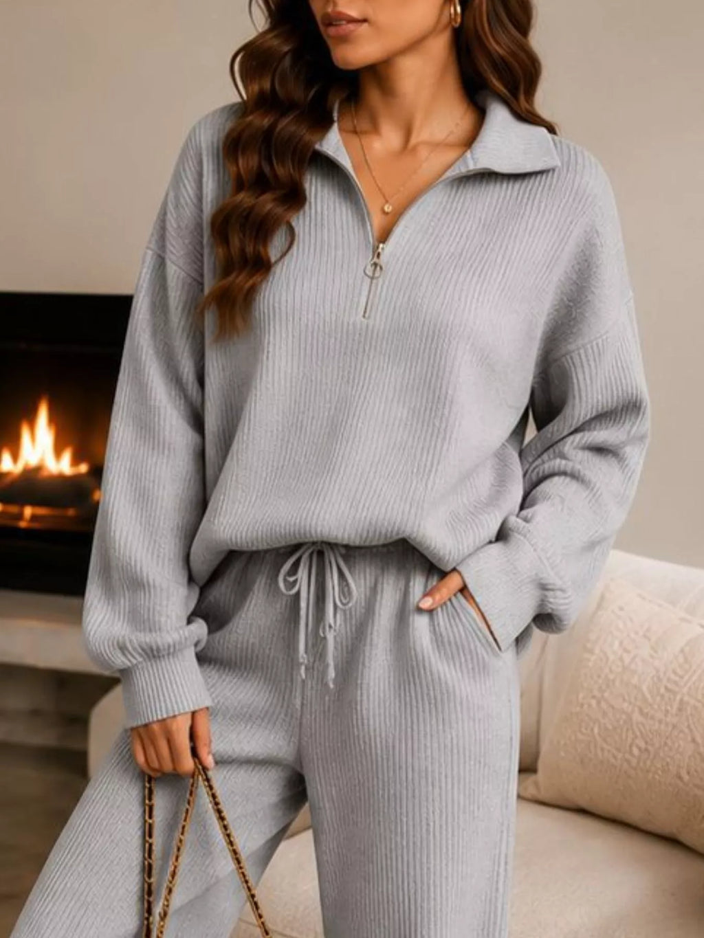 Ribbed Knit Quarter-Zip Top and Wide-Leg Pants Set - Lilixa.store