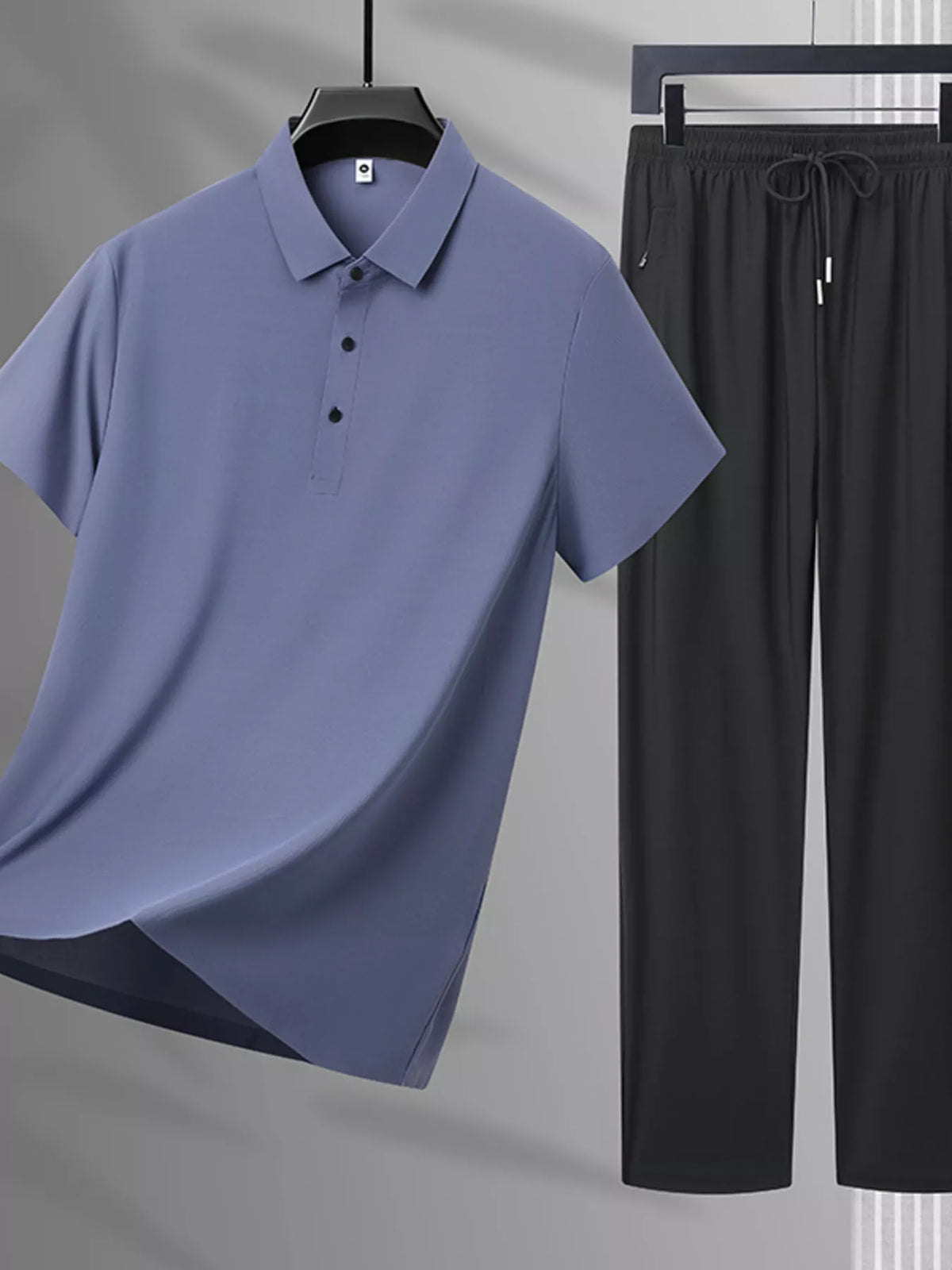 Men's Plus Size Button Detail Polo and Pants Set in Blue Gray