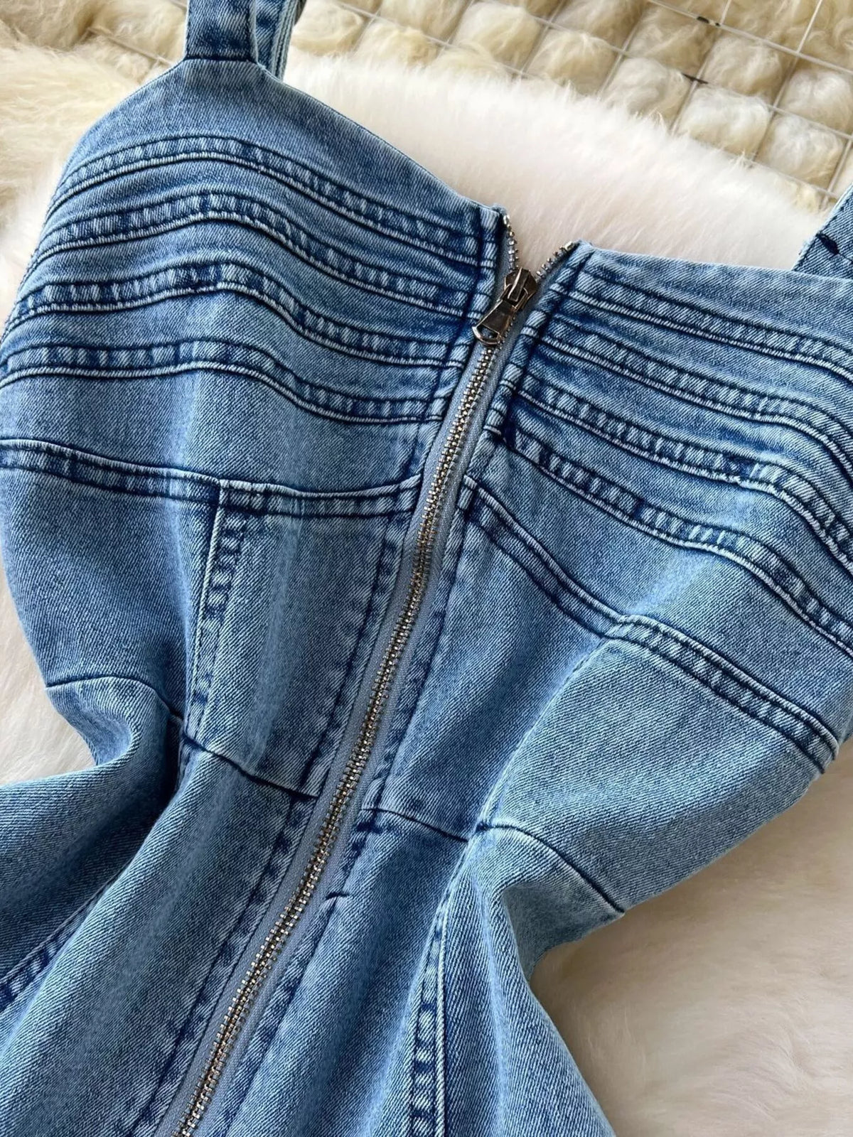 Sleeveless Zipper Front A-Line Denim Dress in Blue, view 4