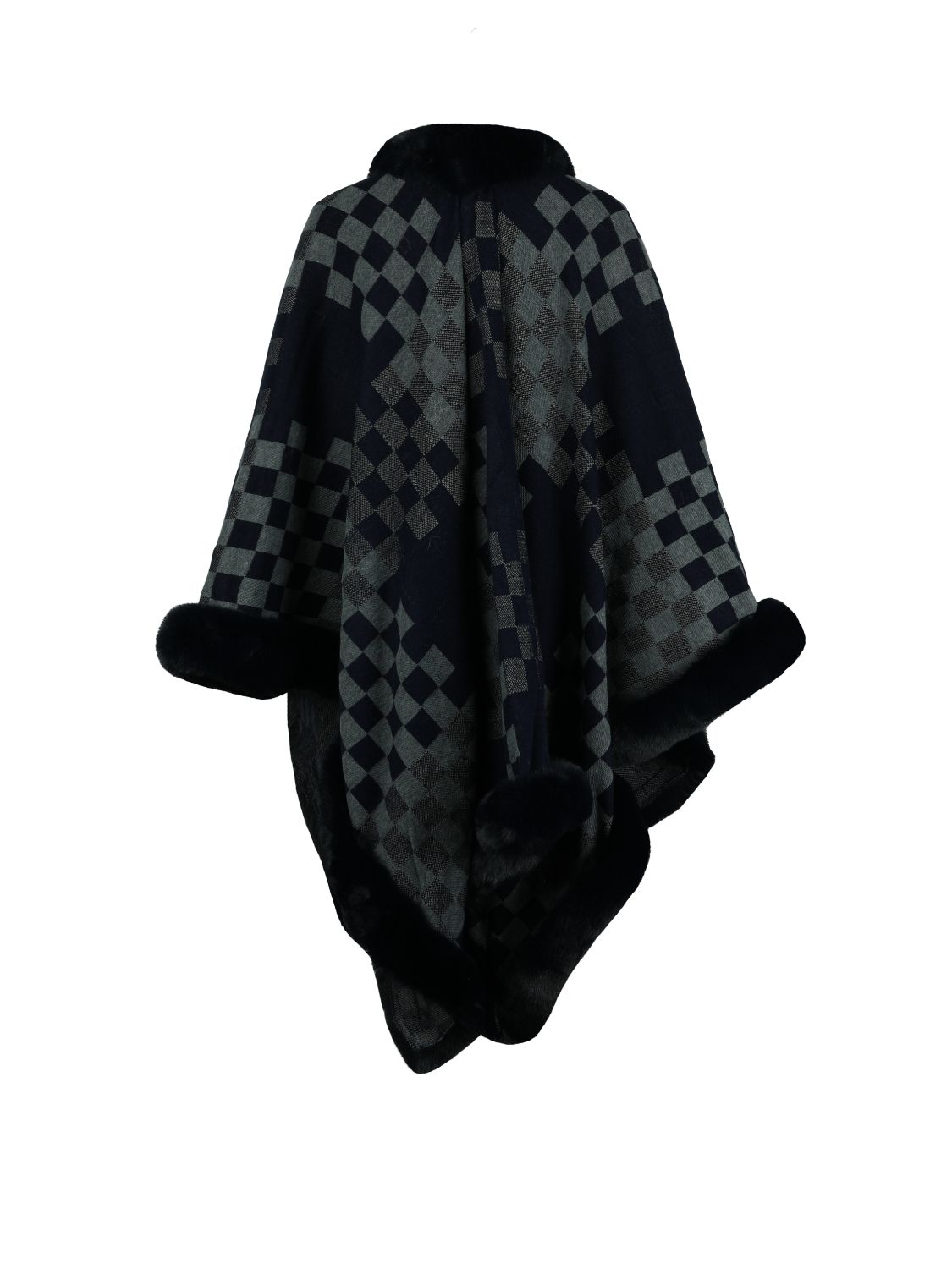 Checkered Faux Fur Trim Poncho, view 5