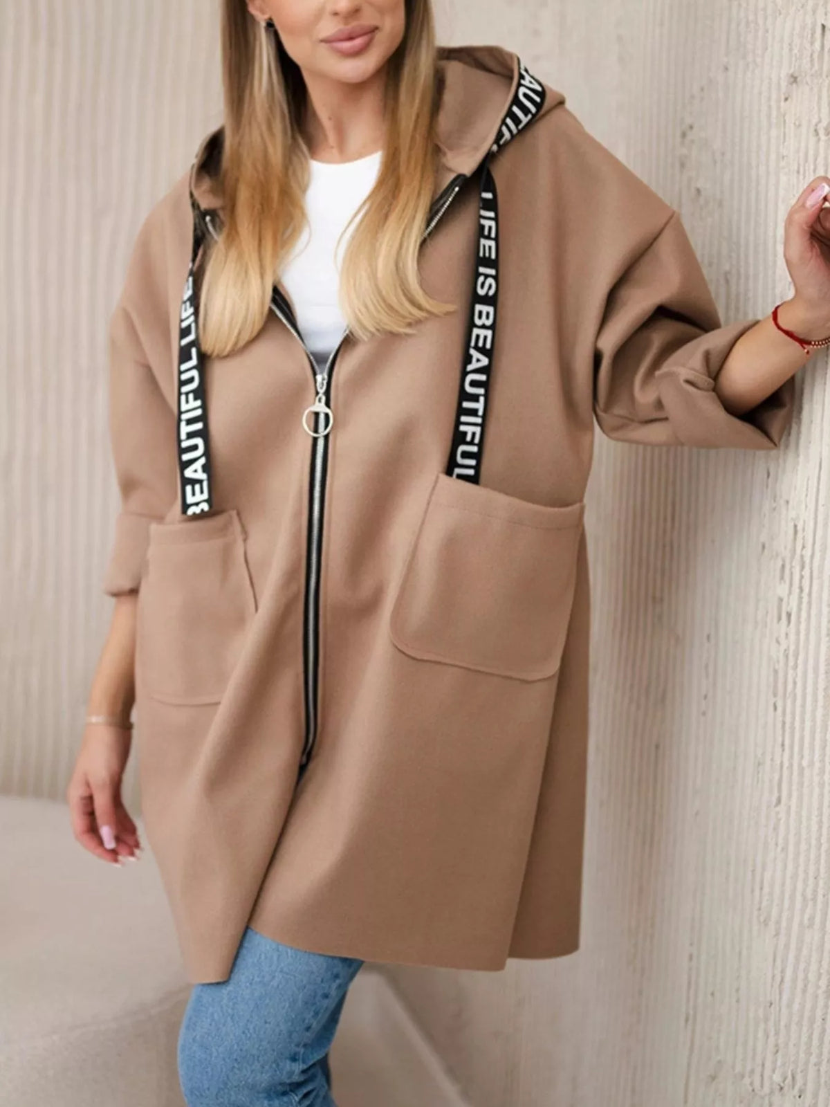 Full Size Hooded Zip-Up Longline Outerwear Plus Size in Khaki