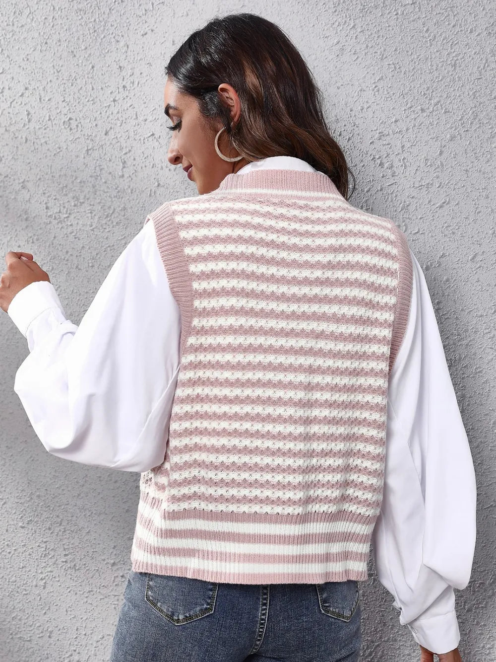 Striped Button Up V-Neck Sweater Vest, view 6