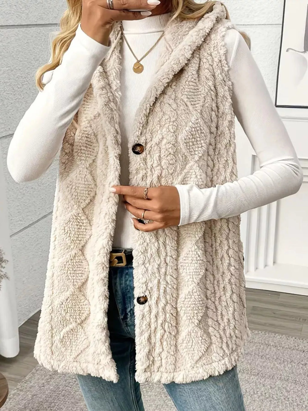 Hooded Button-Up Sherpa Vest Coat - Lilixa.store