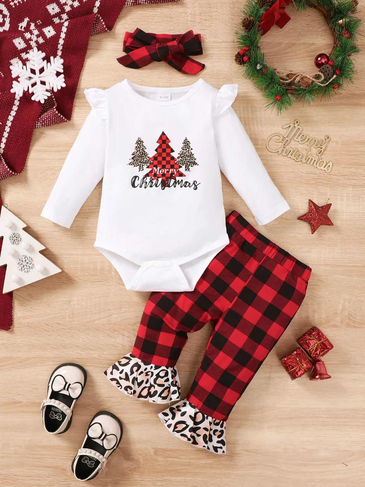 Children's Christmas Tree Graphic Top and Plaid Ruffle Pants Set with Headband in Red, view 4