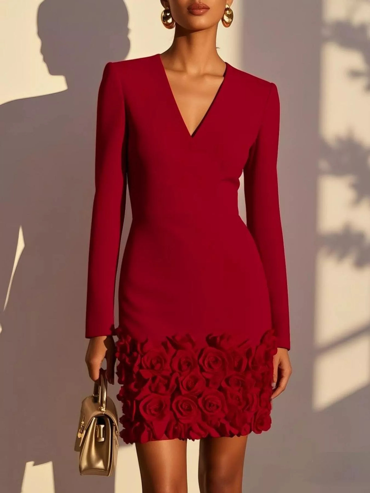 V-Neck Long Sleeve Mini Dress with 3D Rose Floral Hem in Burgundy