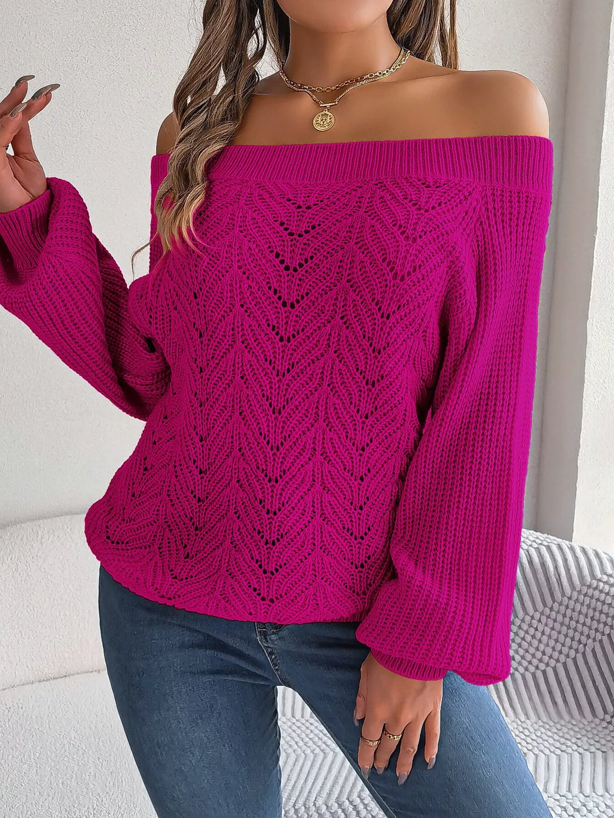 Openwork Off-Shoulder Sweater