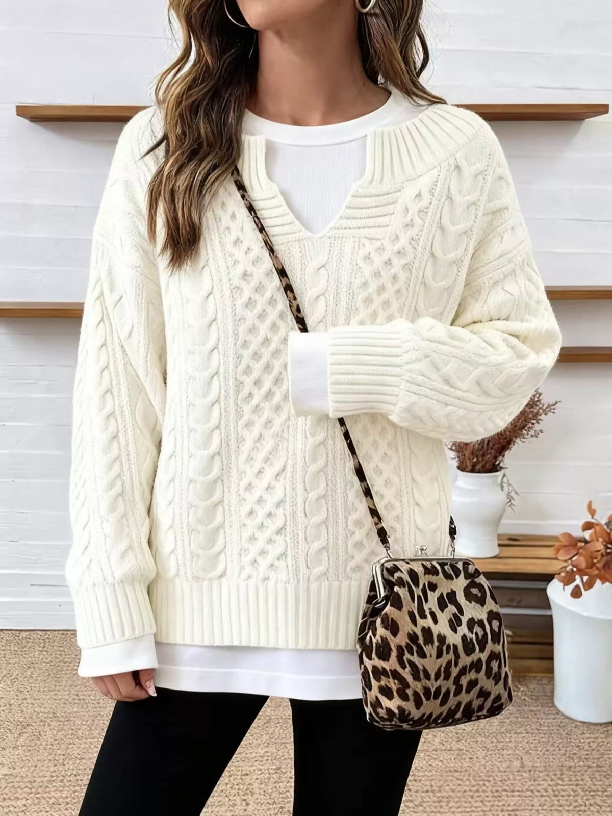 Full Size Cable Knit Dropped Shoulder Sweater Plus Size