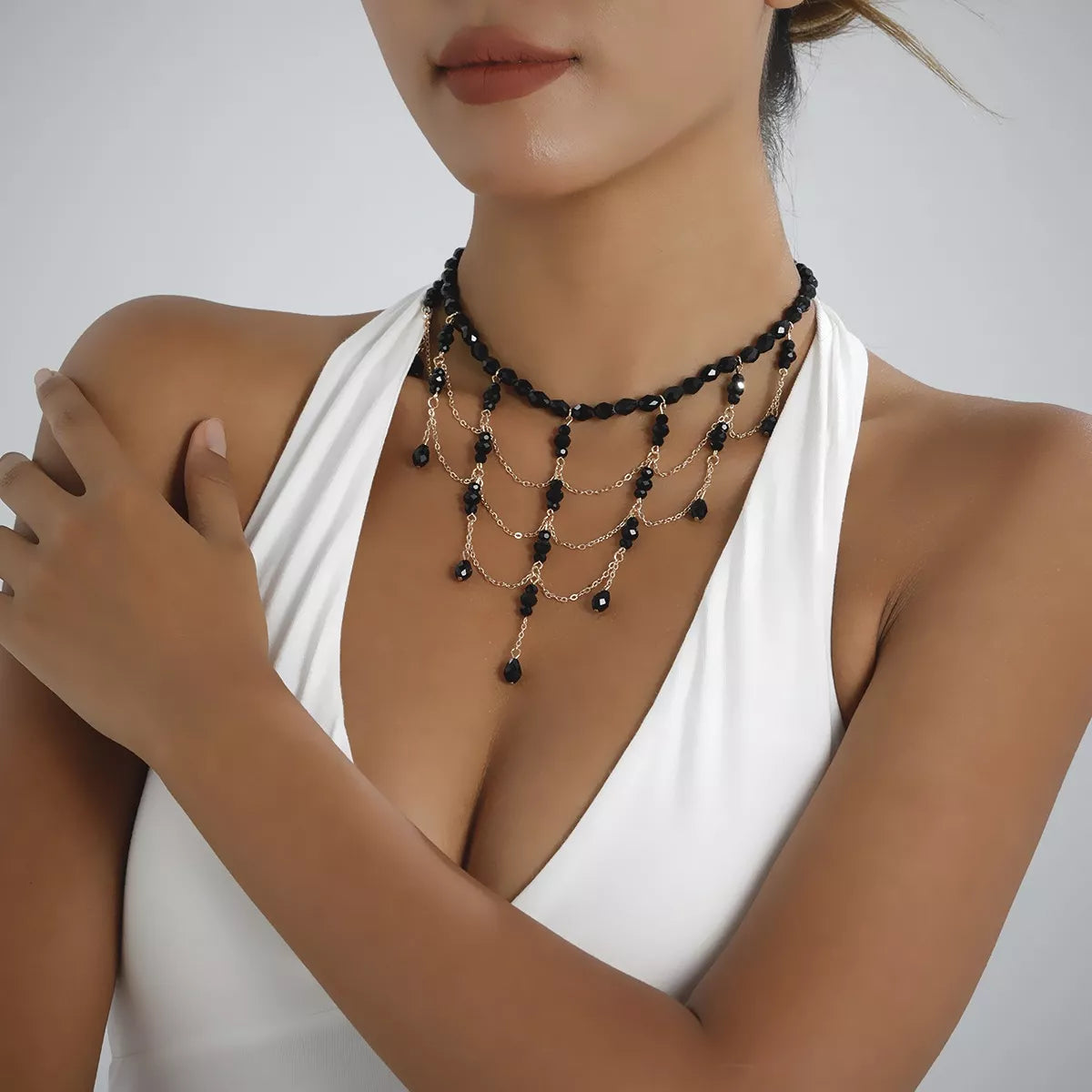 Beaded Choker Necklace with Draping Chains - Lilixa.store