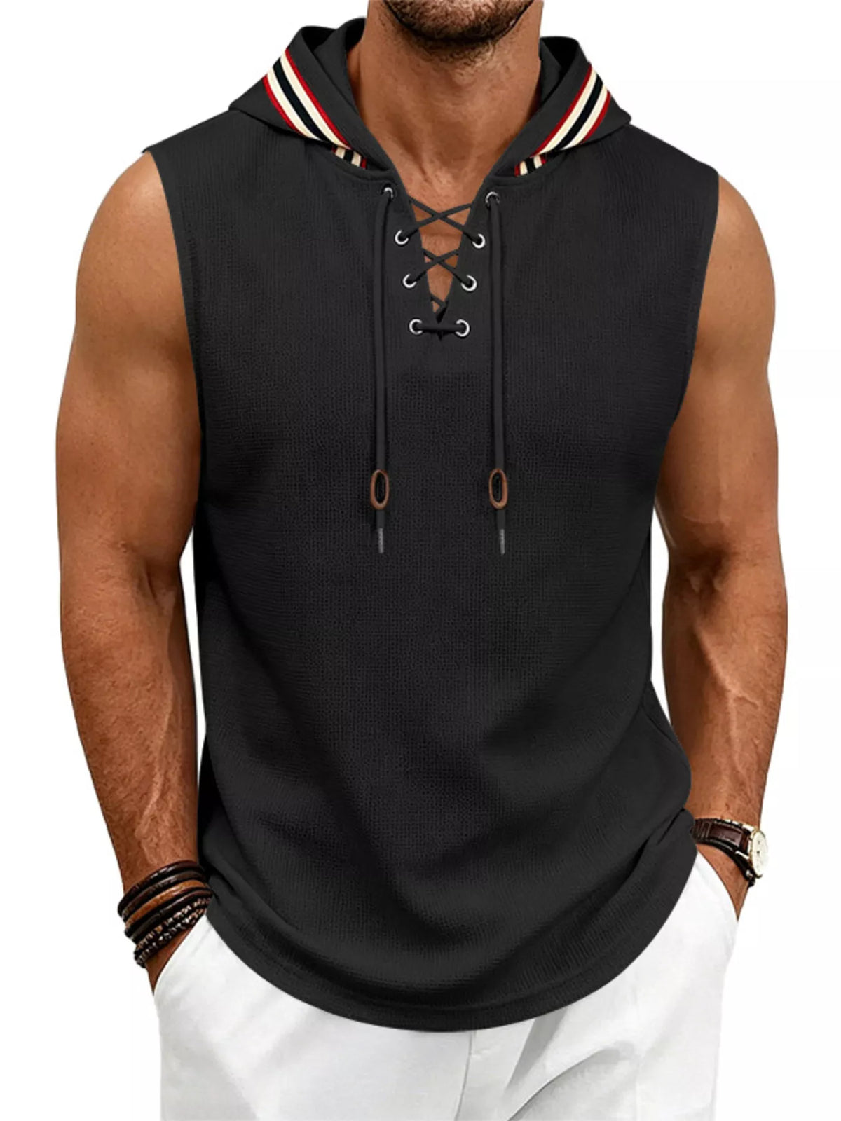 Men's Full Size Lace Up Hooded Vest Plus Size - Lilixa.store