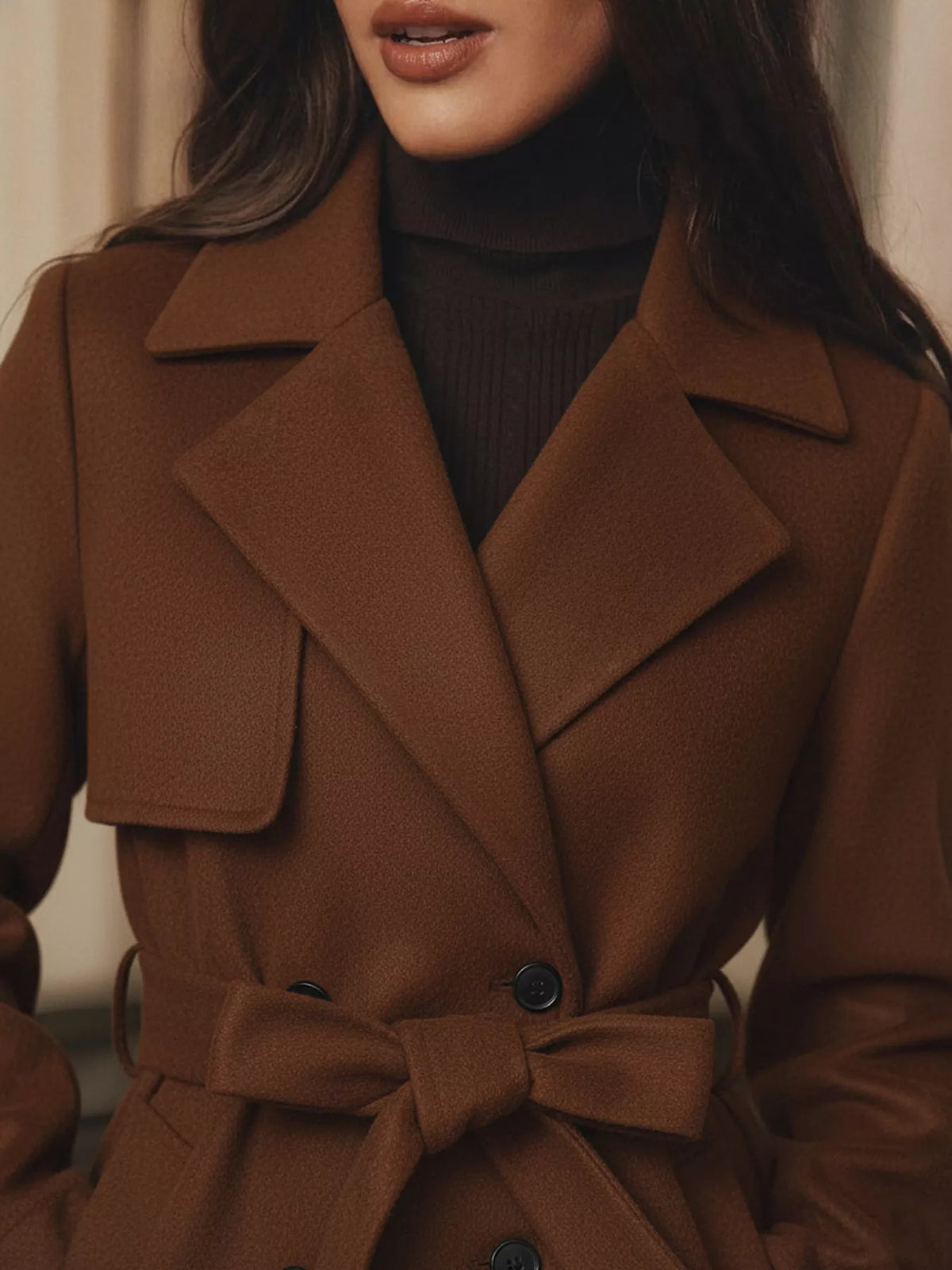 Lapel Collar Belted Wool Blend Coat in Brown, view 3