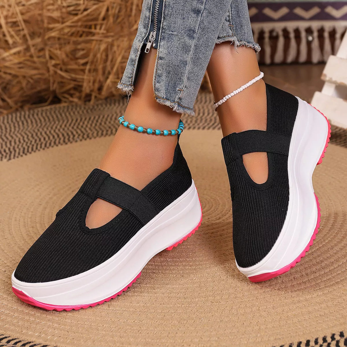 Round Toe Platform Slip-Ons in Black