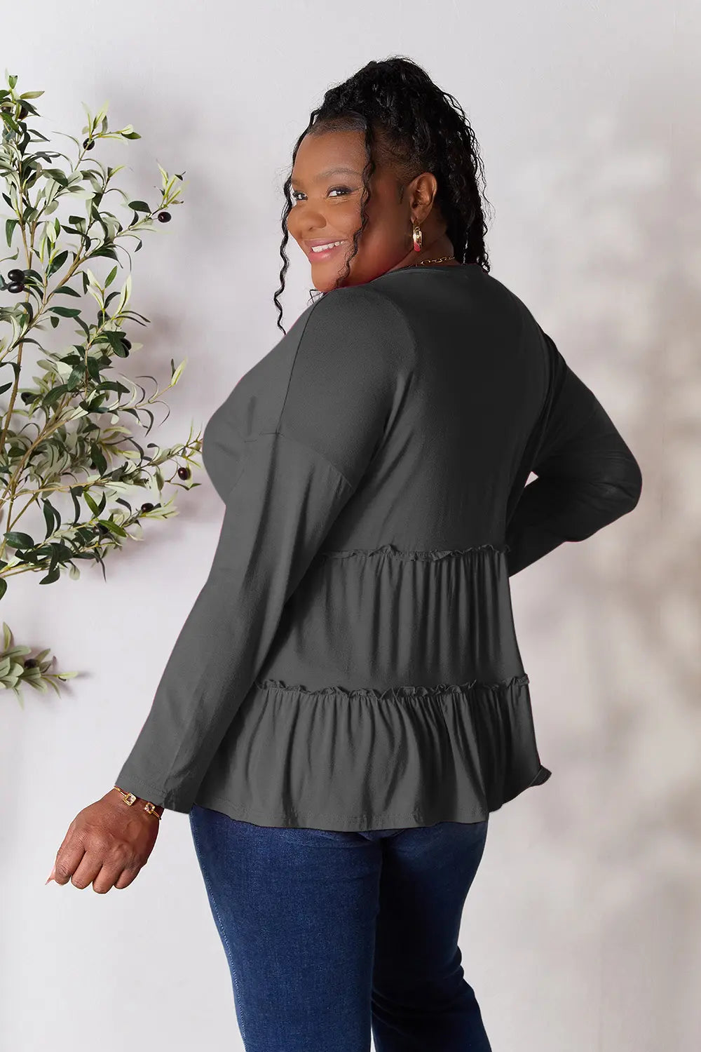 Double Take Half Button Long Sleeve Ruffle Hem Blouse - Lilixa.store