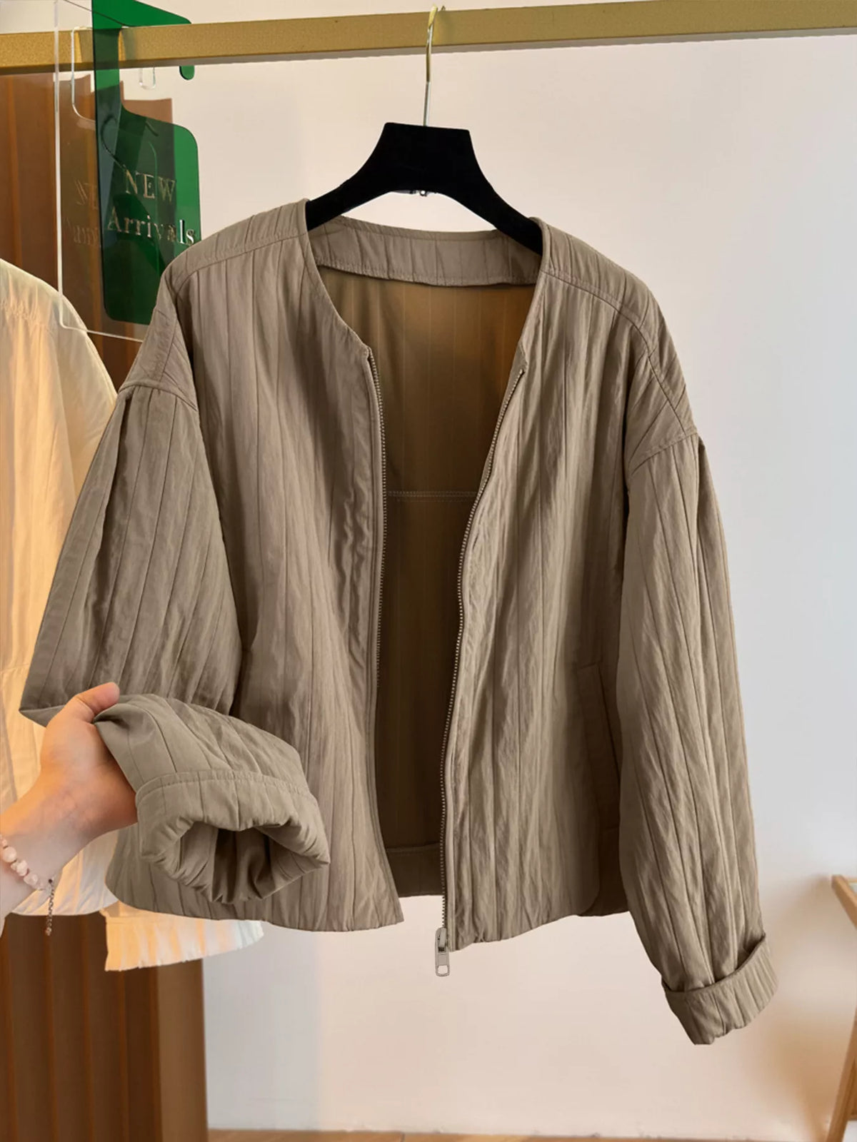 Zip Up Lightweight Jacket in Khaki, view 3