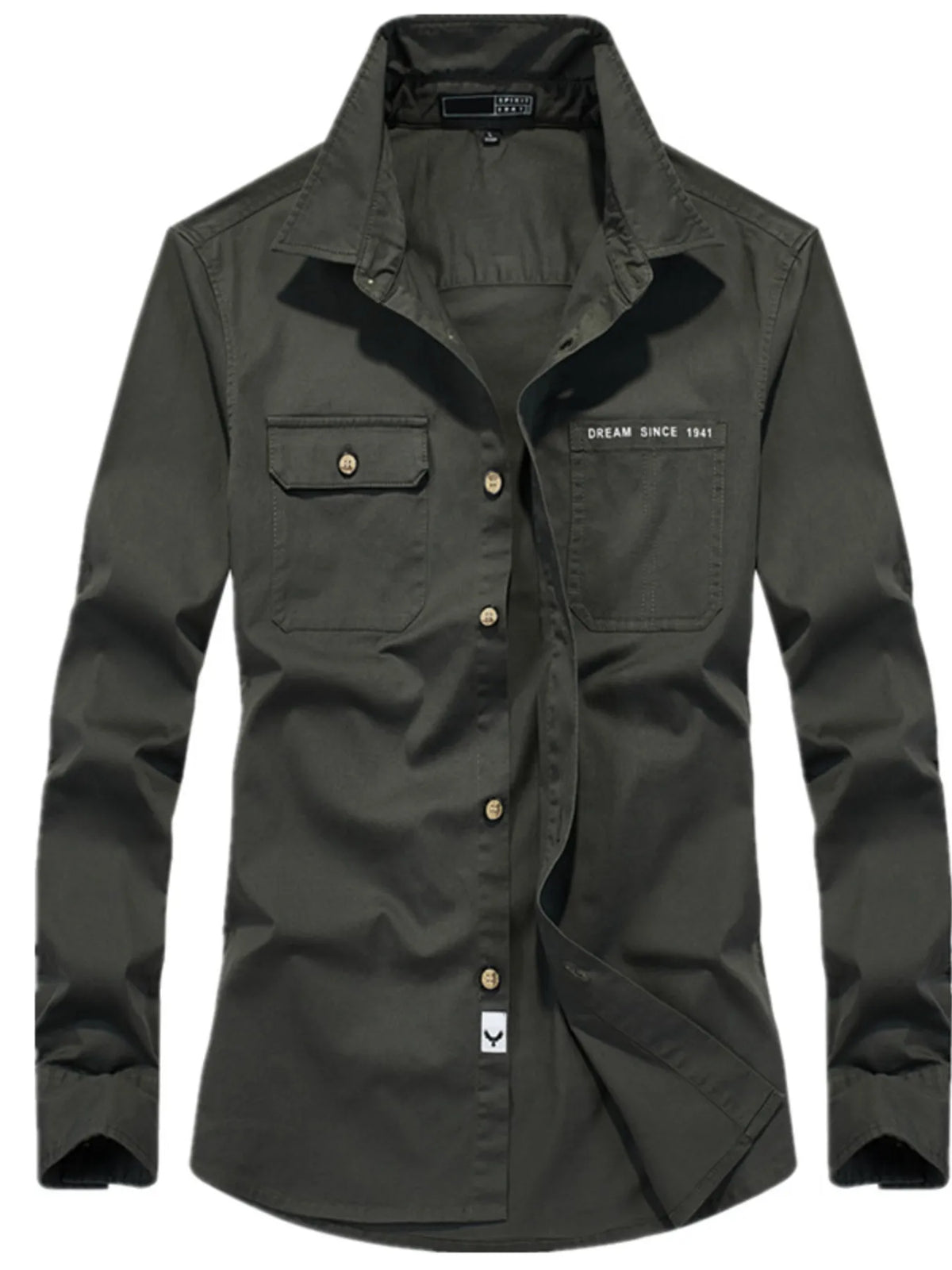 Men's Plus Size Casual Long Sleeve Shirt with Dual Chest Pockets in Army Green