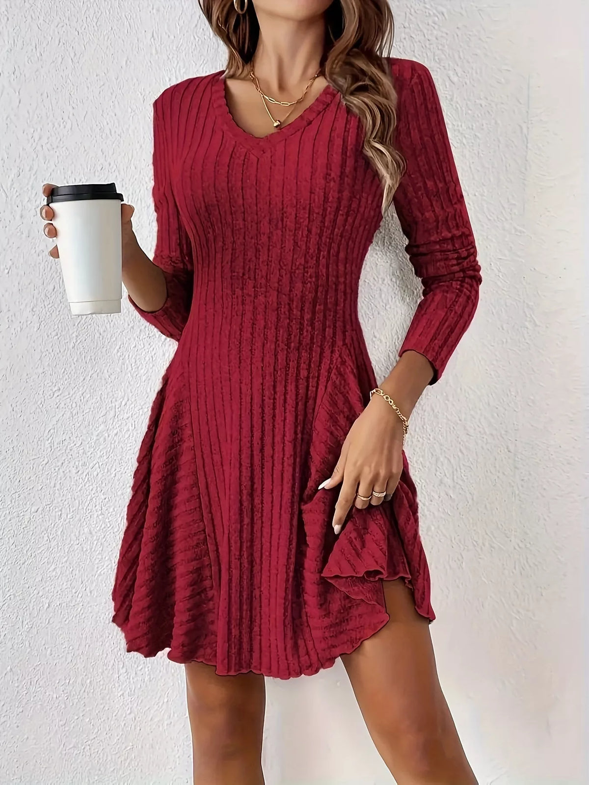 V-Neck Ribbed Knit Flared Knit Dress - Lilixa.store