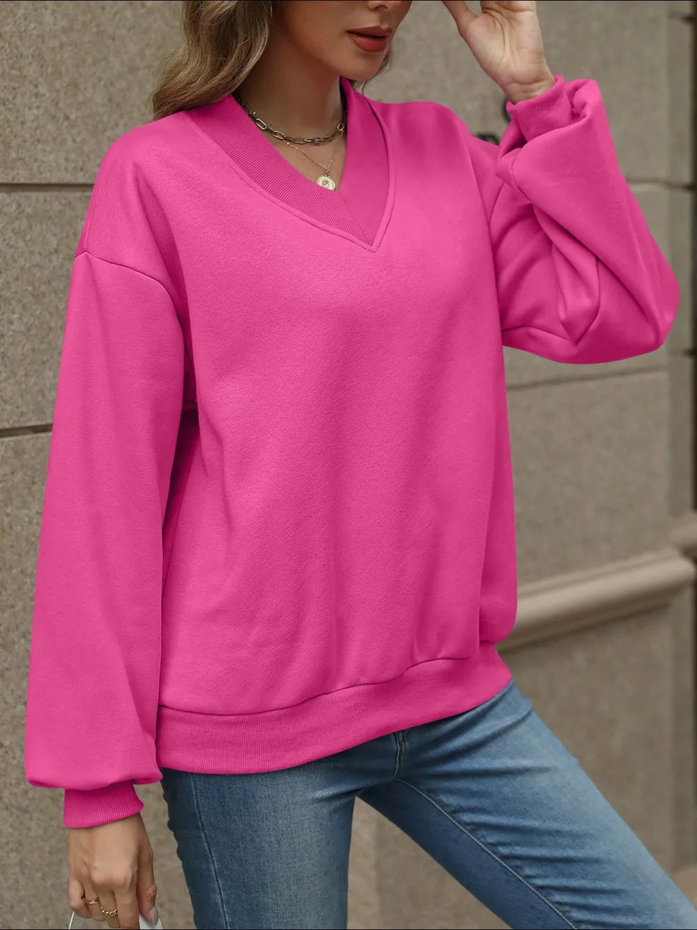 V-Neck Long Sleeve Dropped Shoulder Sweatshirt, view 2