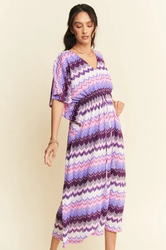 Davi & Dani Multi Color Wavy Tie Waist Flowy Sleeve Dress - Lilixa.store