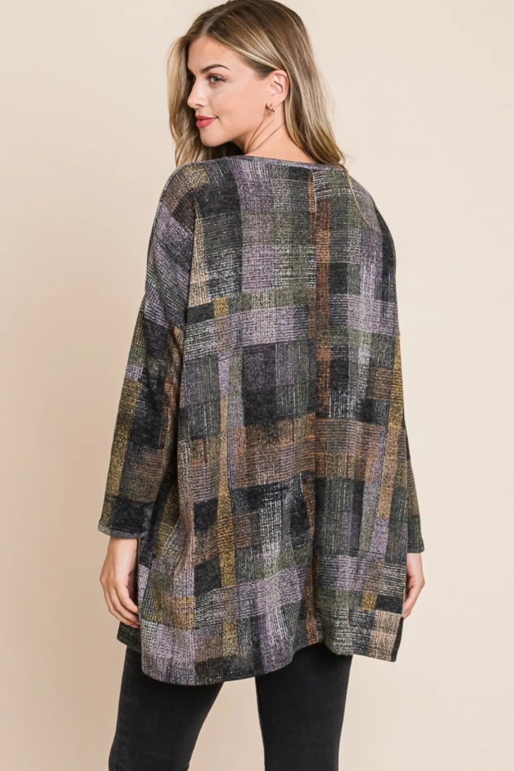 BOMBOM Plaid Round Neck Long Sleeve Top - Lilixa.store