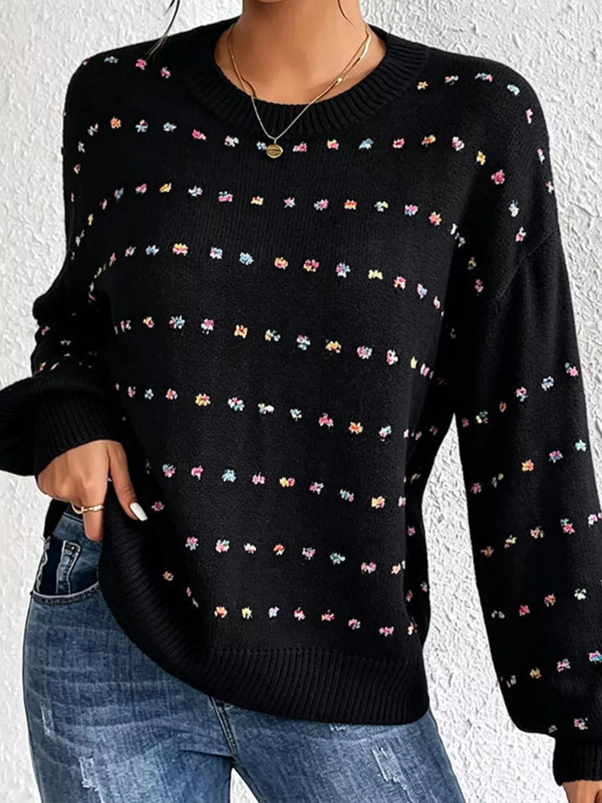 Multi-Color Confetti Dot Drop Shoulder Sweater in Black