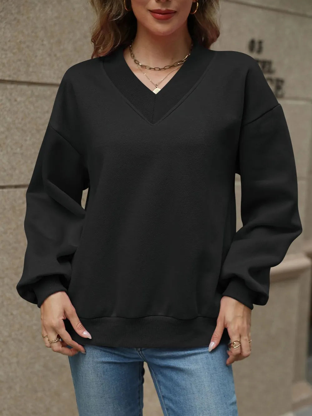 V-Neck Long Sleeve Dropped Shoulder Sweatshirt - Lilixa.store