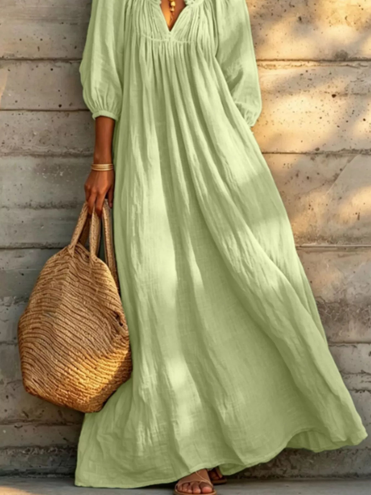 Tiered Notched 3/4 Sleeve Maxi Dress - Lilixa.store