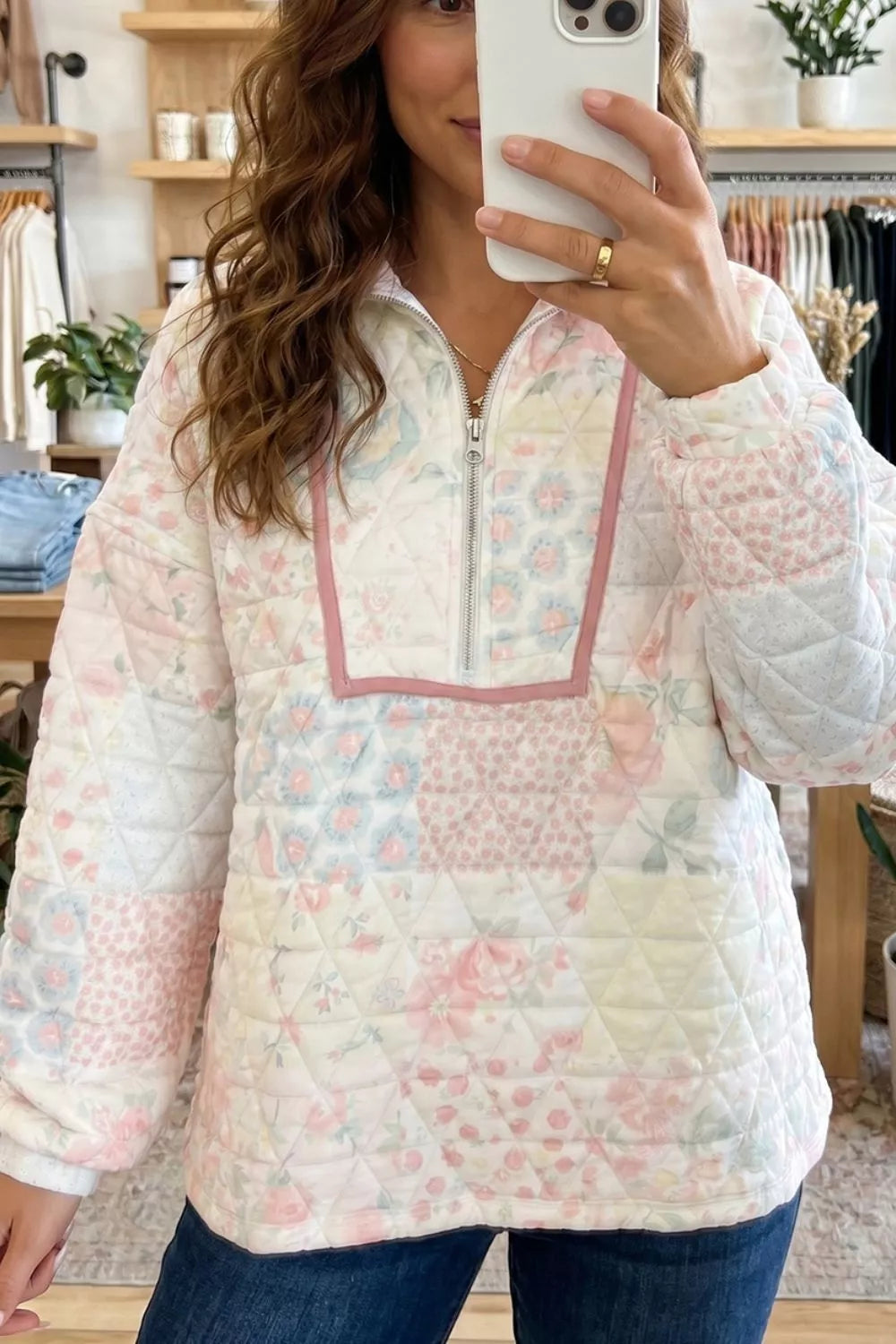 Floral Quilted Half Button Pocketed Pullover Sweatshirt - Lilixa.store
