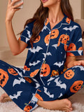 Halloween Pumpkin and Bat Print Button-Down Top and Pants Lounge Set - Lilixa.store