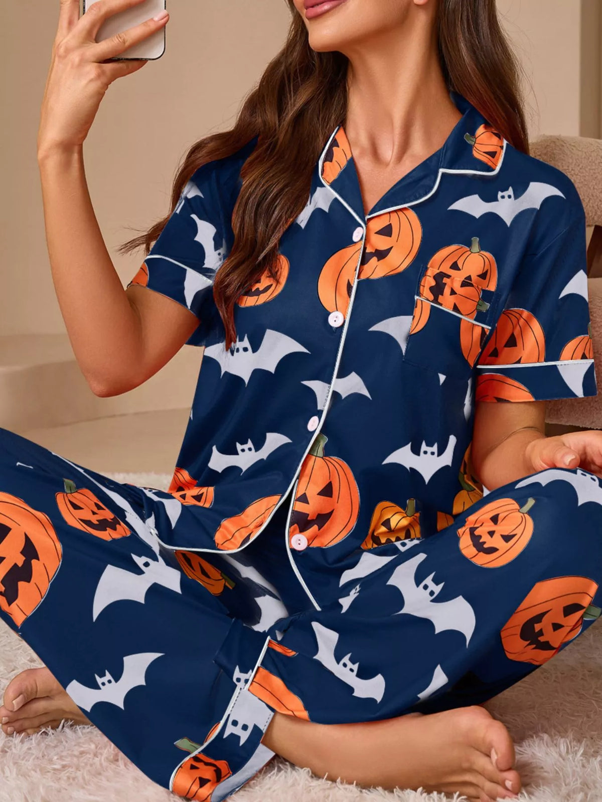 Halloween Pumpkin and Bat Print Button-Down Top and Pants Lounge Set - Lilixa.store
