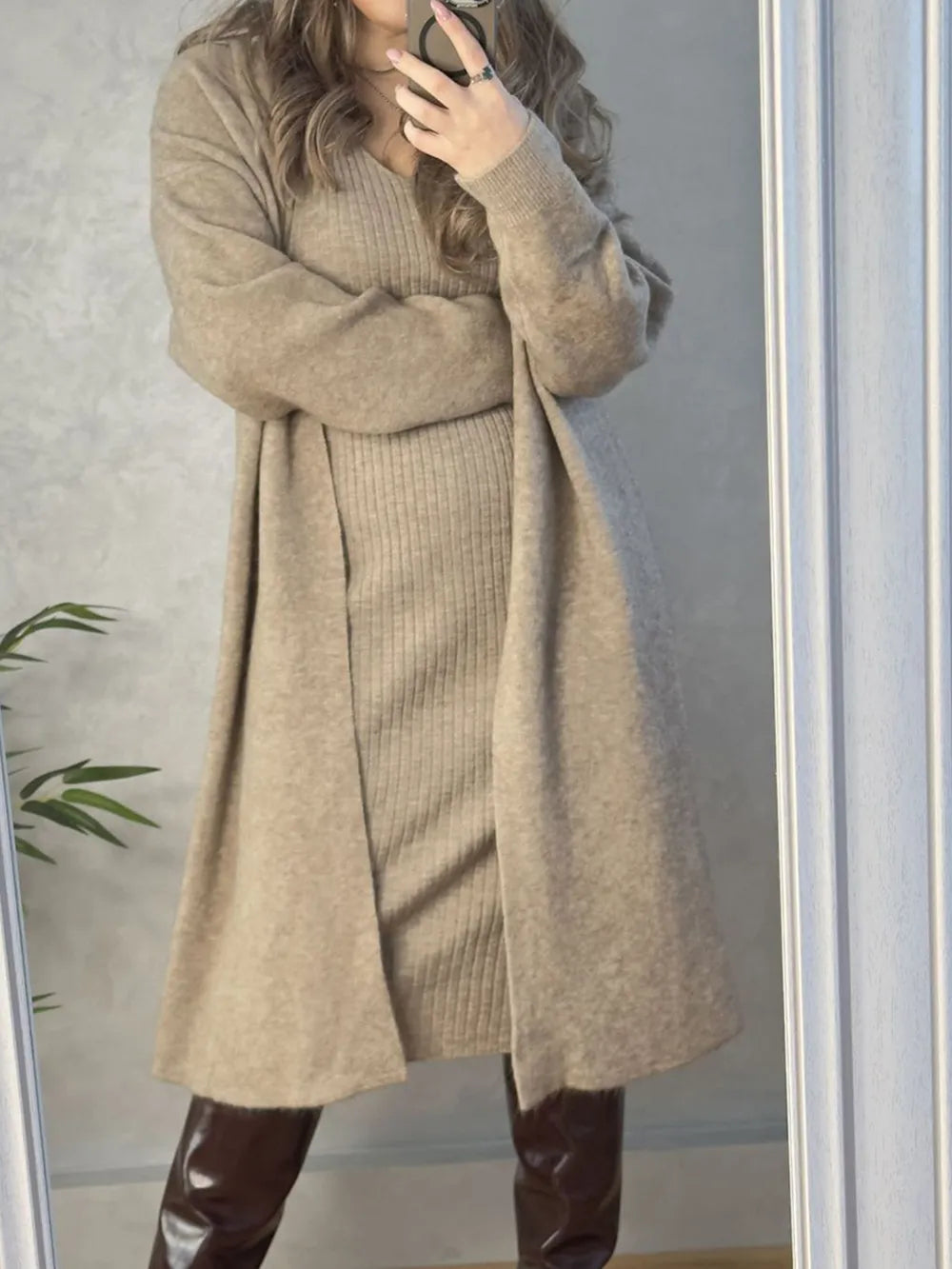 V-Neck Cami Dress and Open Front Cardigan Sweater Set in Khaki