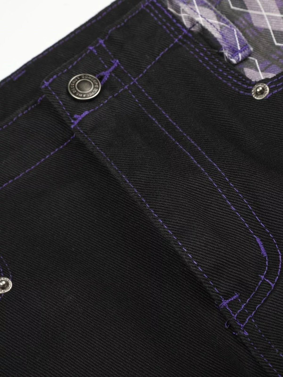 Men's High-Waisted Wide-Leg Jeans with Argyle Pattern Accents in Black, view 5