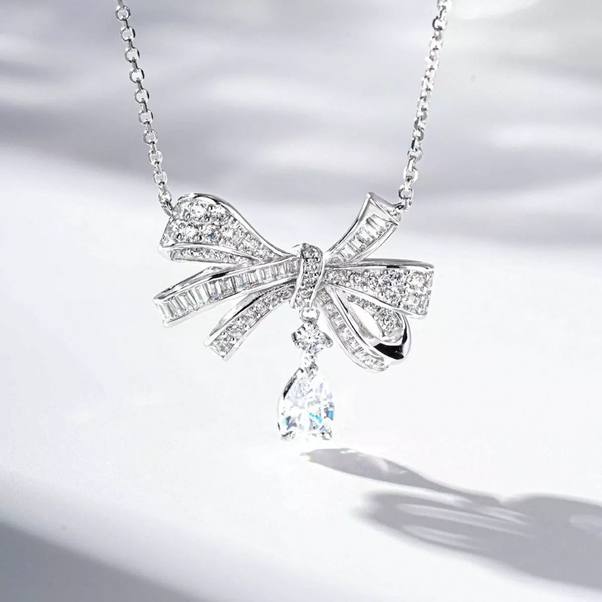 925 Sterling Silver Zircon Bow Teardrop Necklace, view 2