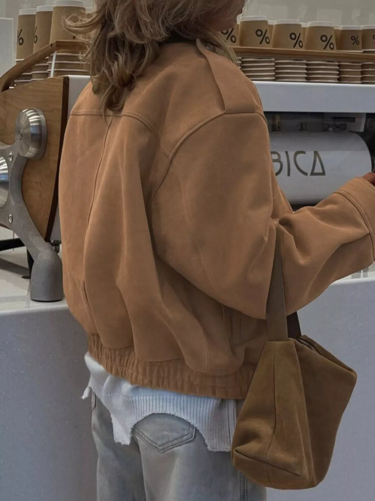 Zip Up Oversized Jacket in Taupe, view 3