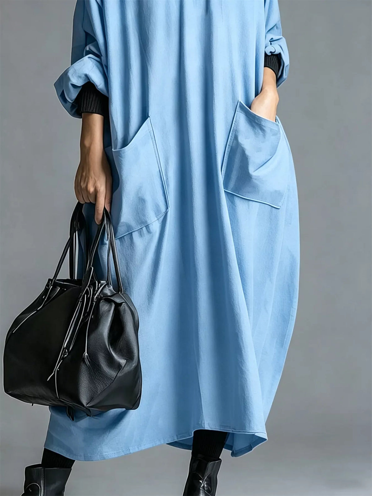 Full Size Loose-Fit Mock Neck Midi Dress with Pockets Plus Size - Lilixa.store