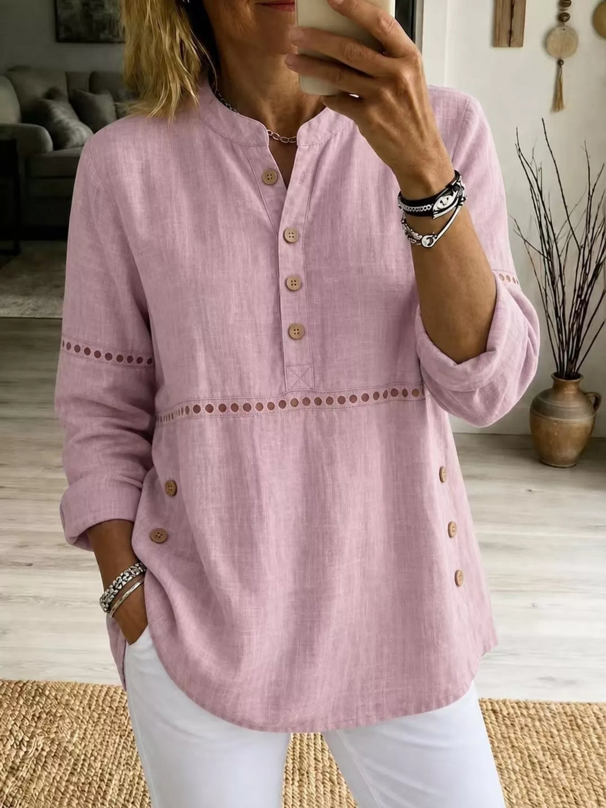 Full Size Button Detail Eyelet Long Sleeve Blouse Plus Size in Pink