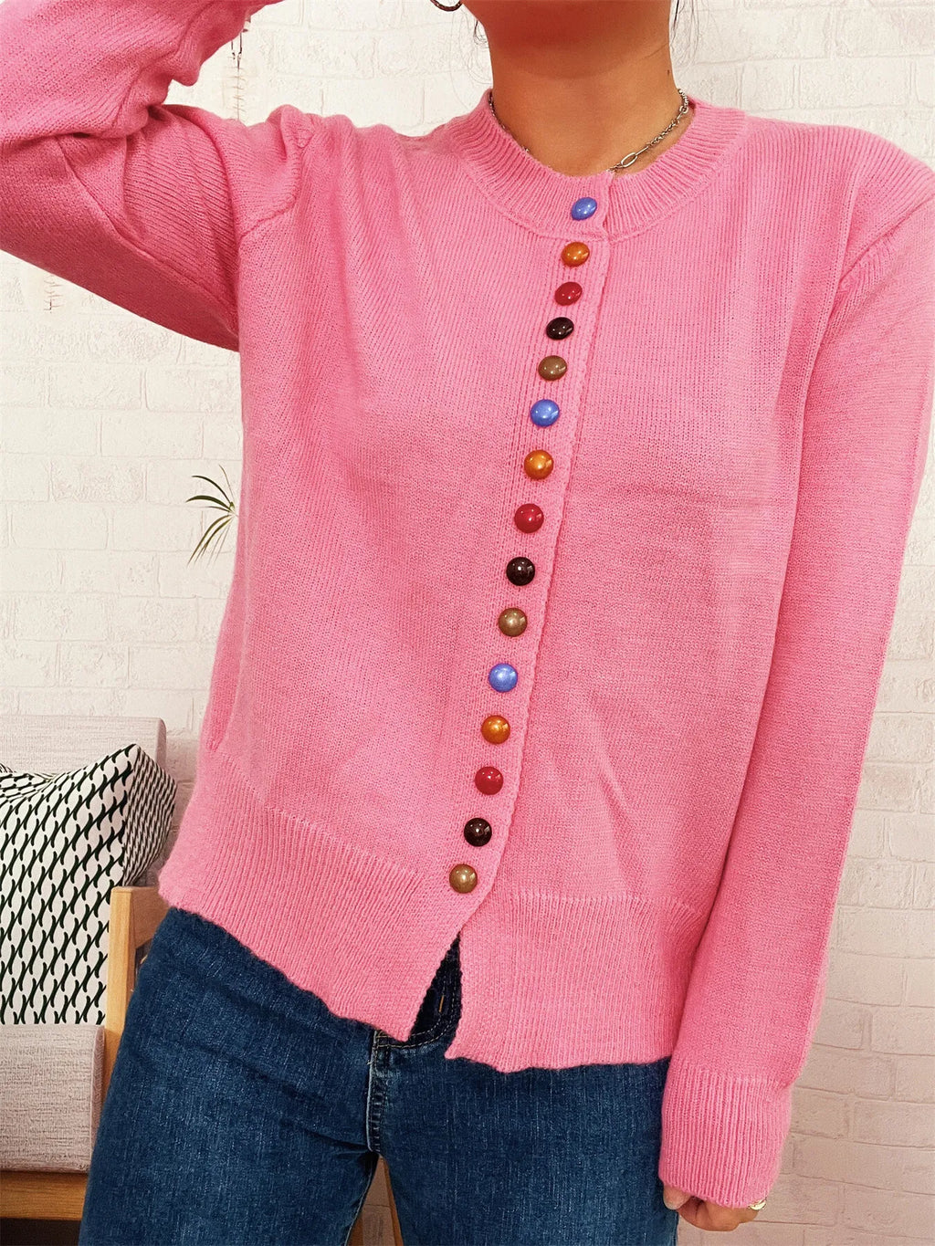 Button-Front Cardigan with Colorful Detail Buttons - Lilixa.store