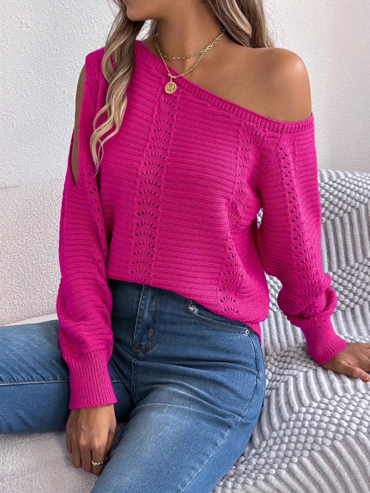 Cold-Shoulder Ribbed Knit Openwork Sweater, view 6