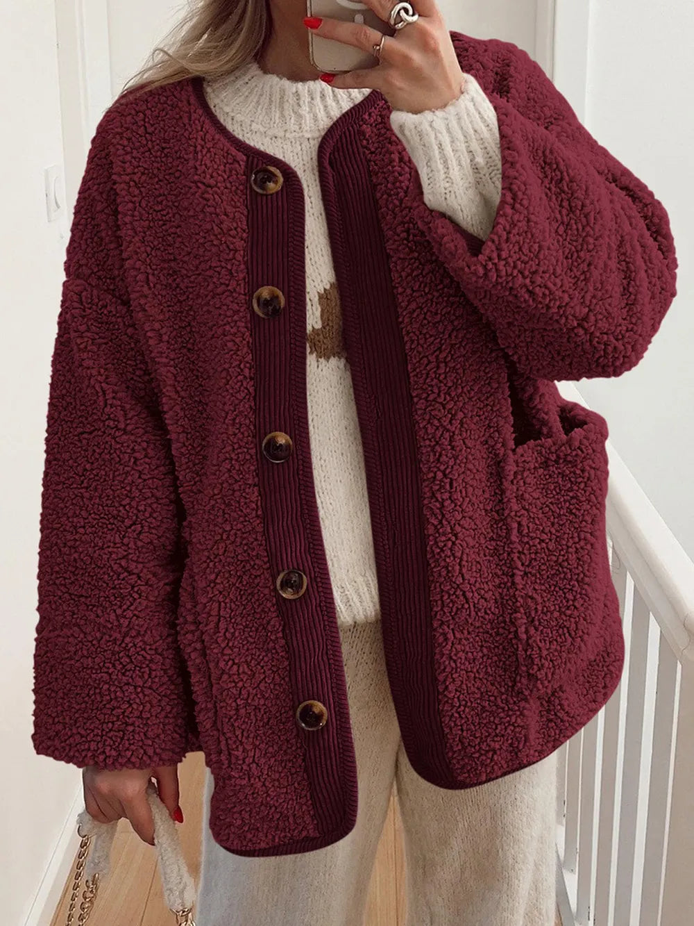 Contrast Button Up Sherpa Jacket with Pockets, view 15